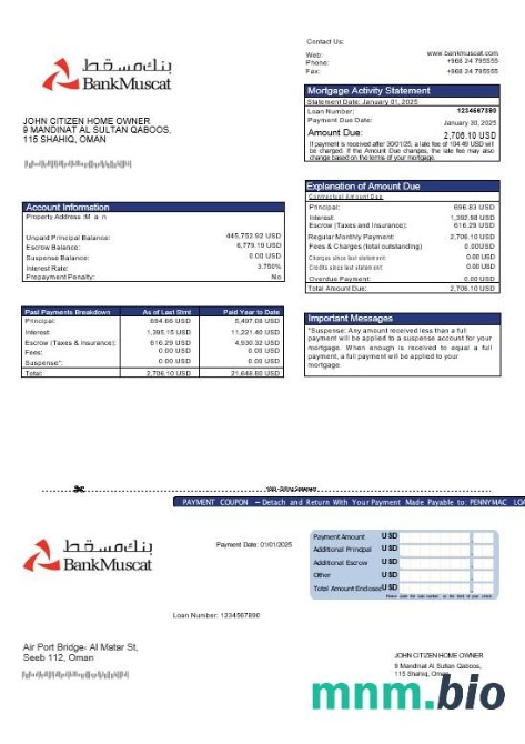 Oman Bank Muscat wyciąg z kredytu hipotecznego w formatach Word i PDF